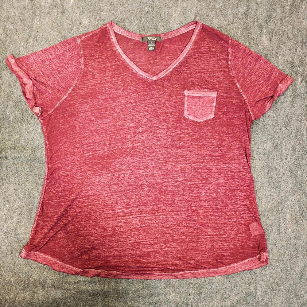 Style & Co Woman Red V Neck Pocket Tee Shirt XL 1X Burnout Short Sleeve